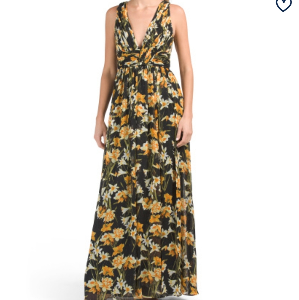 AIDAN MATTOX Black Long Floral Dress with Front Slit - 8